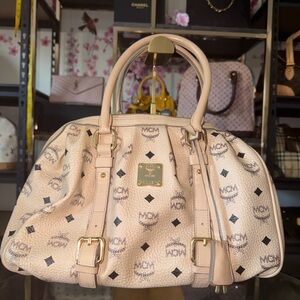 MCM Pink Beige Logo Dome Satchel with Gold Hardware
